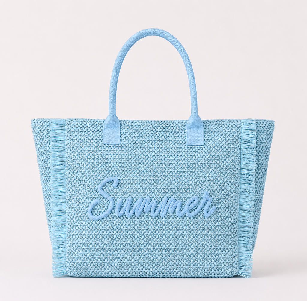 Woven Straw Fringe Tote With Summer Embroidery And Gold Lurex Detail