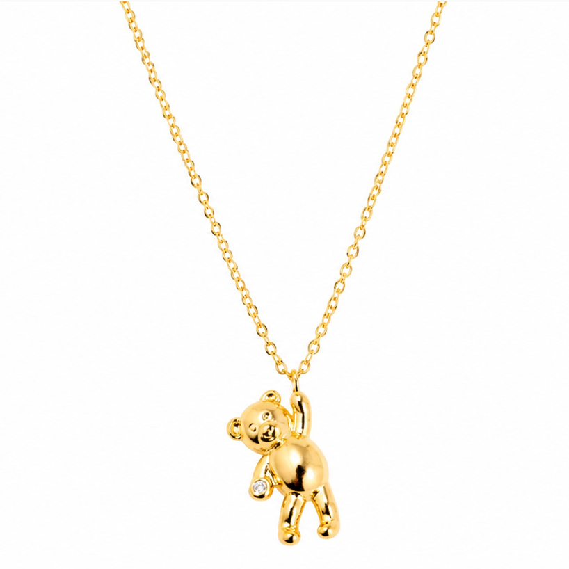 Teddy Bear Shaped Metal W/Gold-Dipped Pendant Necklace