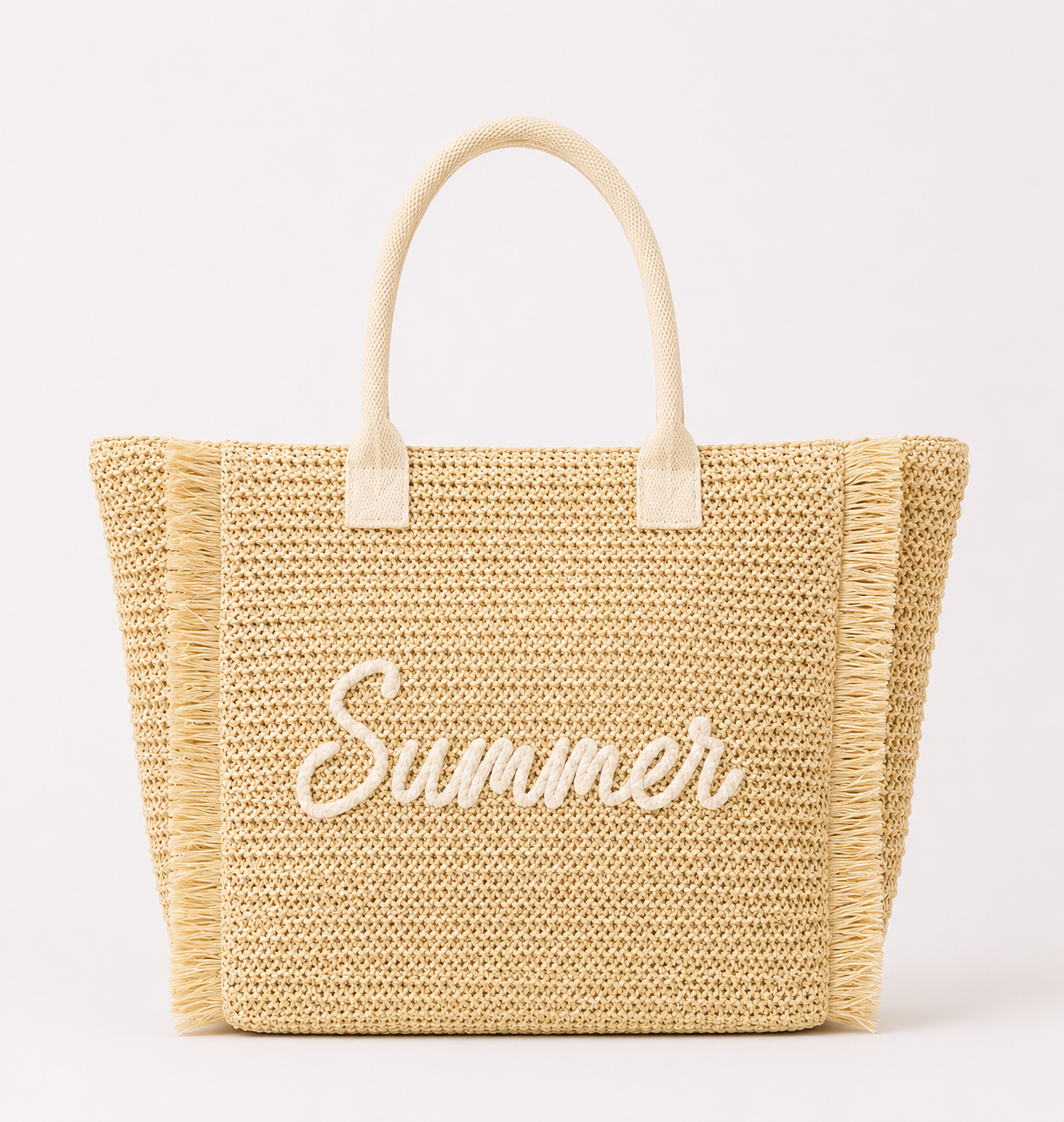 Woven Straw Fringe Tote With Summer Embroidery And Gold Lurex Detail